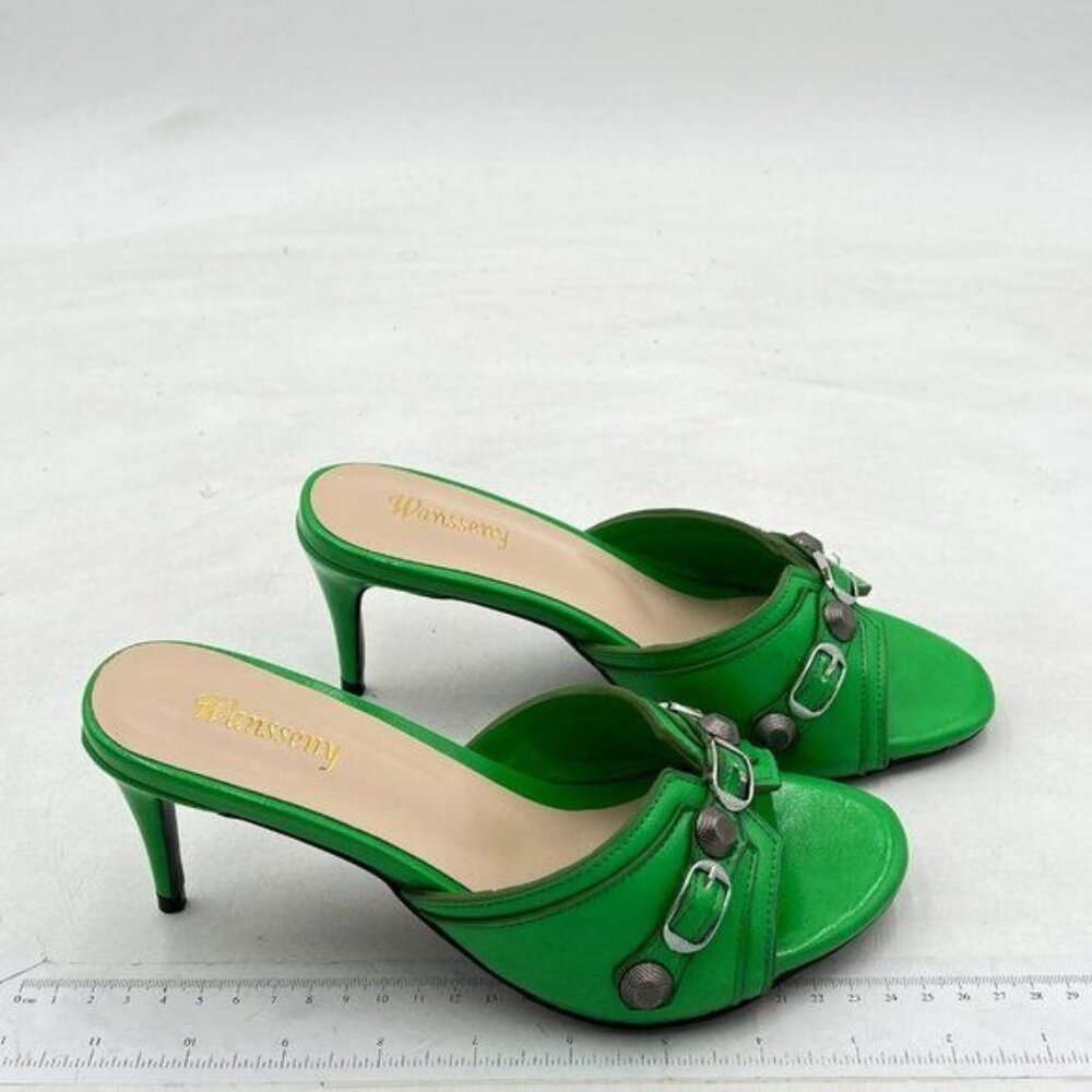 Wansseny Green Women Chic Open Toe Mid Heel Buckle Studded Mules Slip On Summer